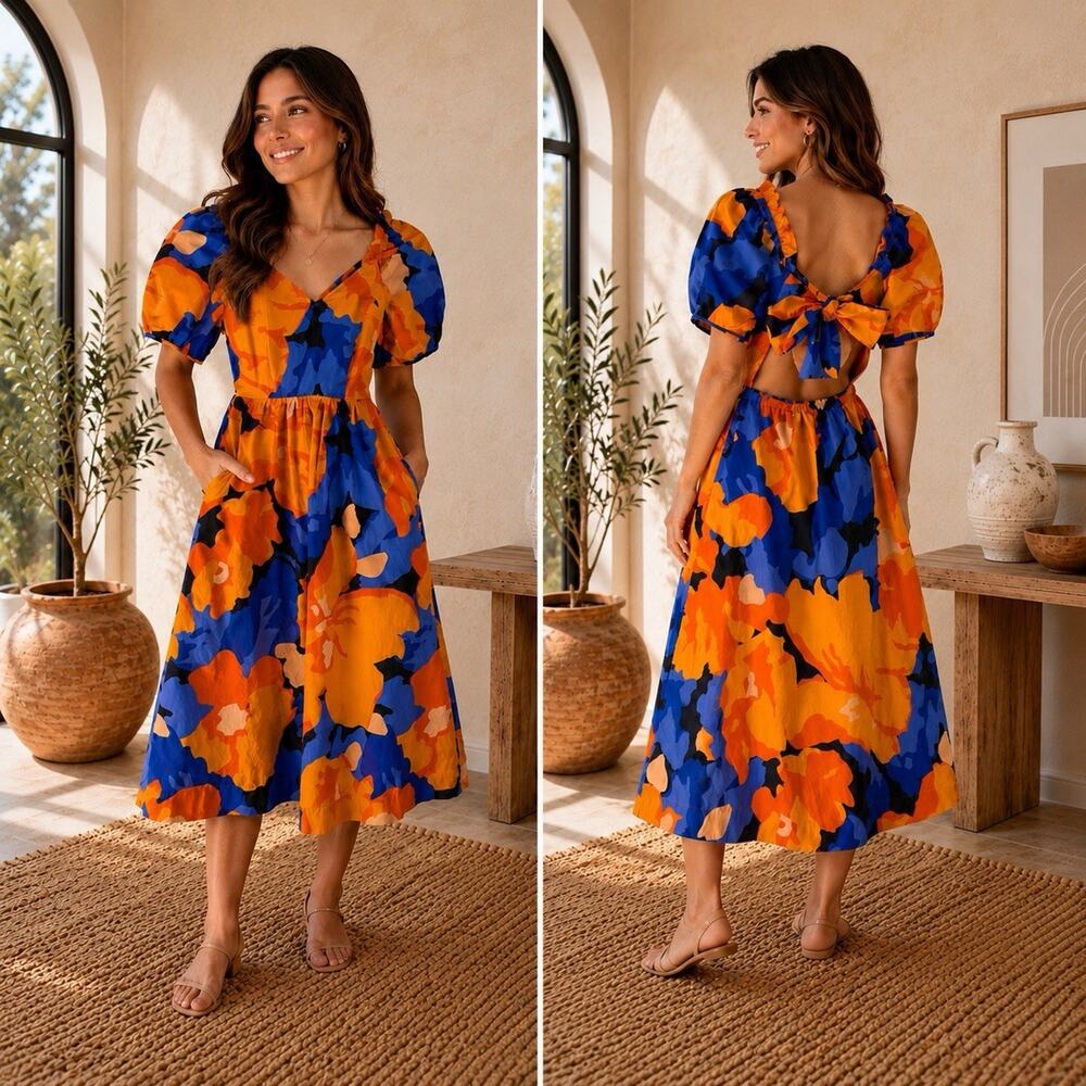 Tabitha Brown Target Floral Puff Sleeve Midi Dress Orange Blue Womens Sz 0/XS